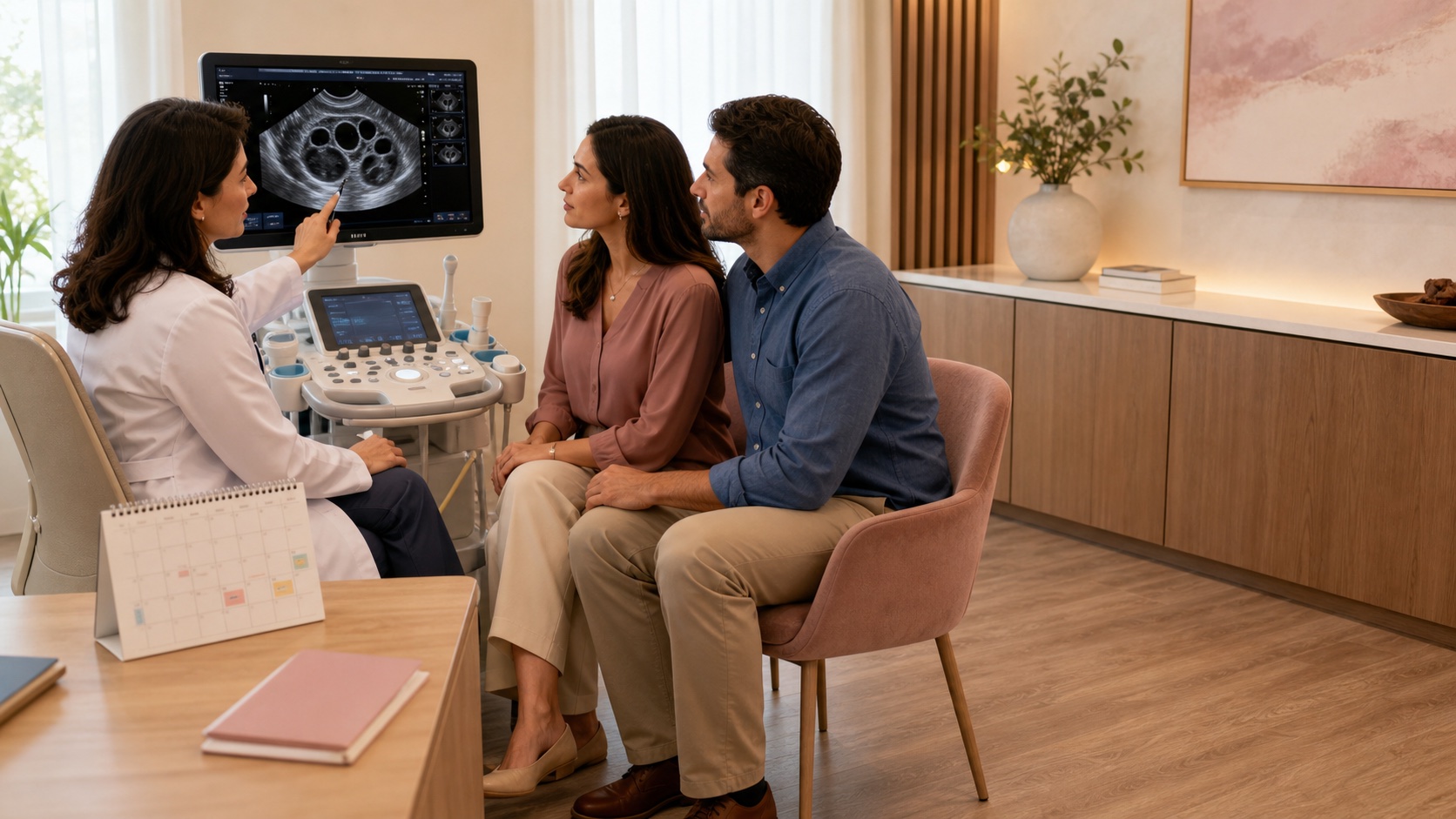 Fertility specialist reviewing a follicle ultrasound with a couple